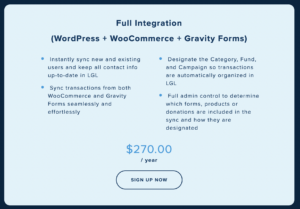 screenshot of the full WordPress, WooCommerce, and Gravity Forms for LGL integration package details and pricing