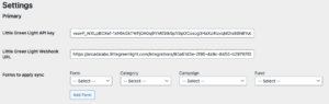 screenshot of WordPress, WooCommerce, and Gravity Forms sync for LGL setup on a WordPress site admin page.